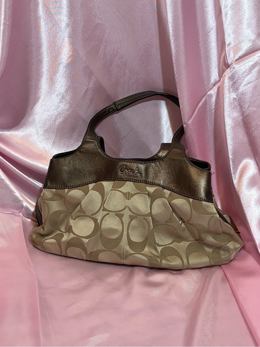 Vintage Coach Signature Shoulder Bag in Khaki and Brown Leather